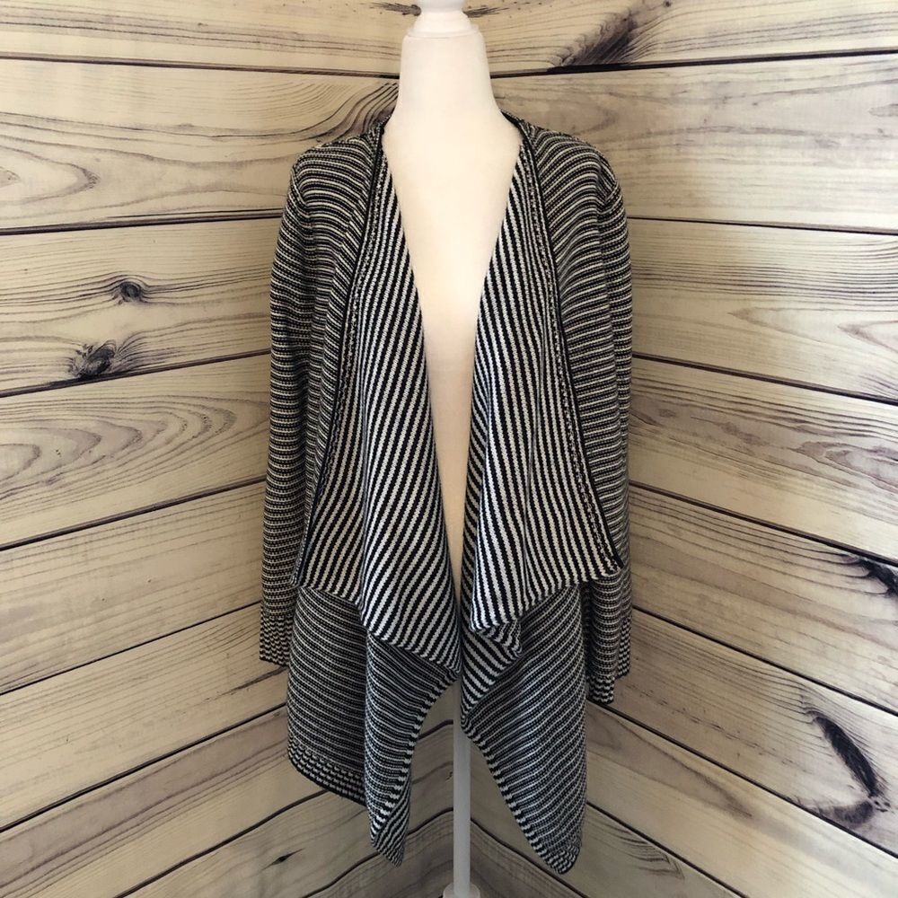 Merona Black & White Striped Thick Waterfall Cardigan Medium